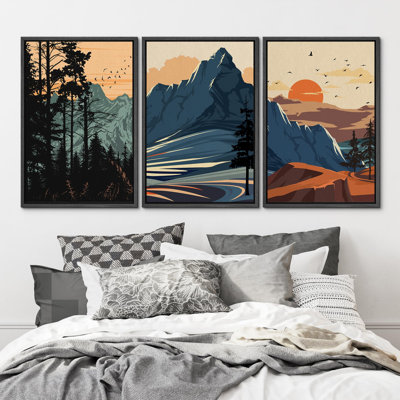 "Orange, soleil, montagne, vallée, nature, art moderne, boho, décor, coloré, chic, salon", 3 pièces