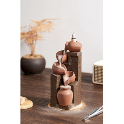 Unique Cascading Basins Ceramic Waterfall Incense Holder, Paired With A Pack Of Backflow Incense Cones. (Primary)