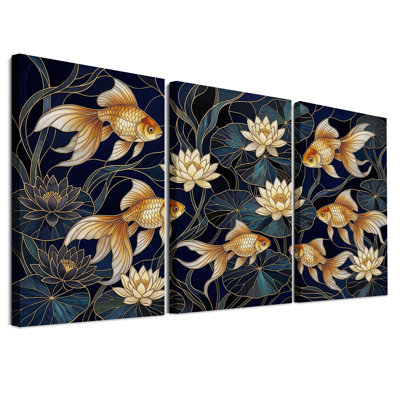Ensemble de 3 toiles murales représentant des poissons rouges et des fleurs de lotus aux contours dorés