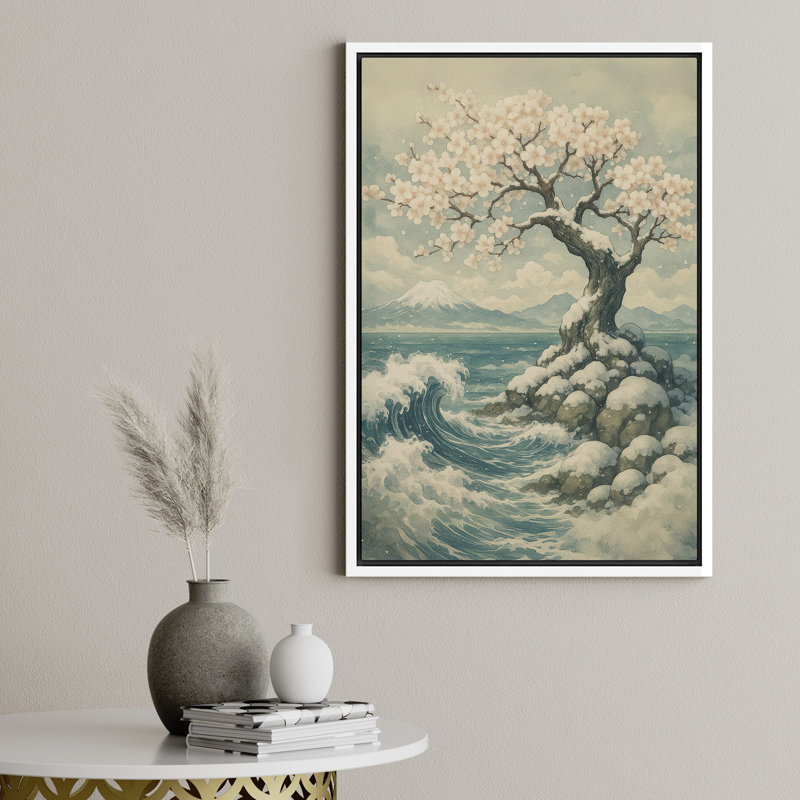 «Blossoming Tree on Rocky Shore», reproduction d'art sur toile encadrée - paysage côtier serein avec des vagues de l'océan pour des intérieurs modernes et tranquilles