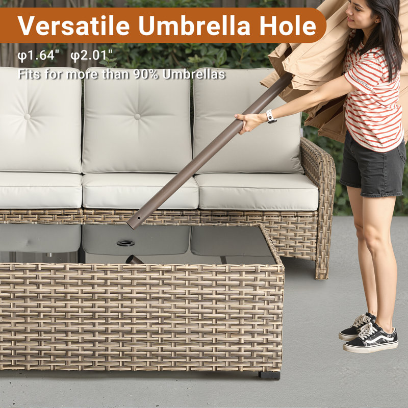 Rectangular Wicker/Rattan Outdoor Coffee Table With Umbrella Hole, Brown