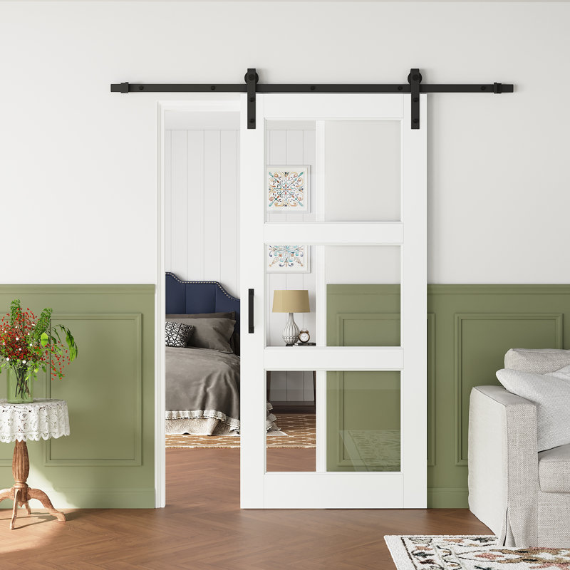 Porte de grange coulissante pré-assemblée en verre pré-assemblé avec porte de grange coulissante en verre 3-Lite avec quincaillerie d'installation (fermeture en douceur incluse)