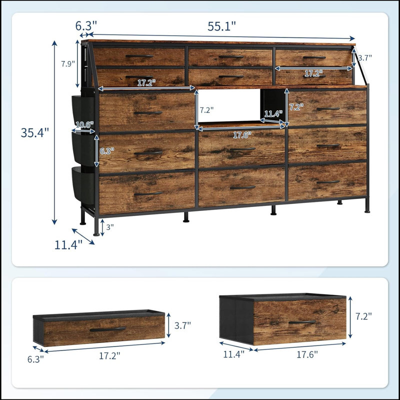 Commode en tissu pour chambre à coucher avec 14 tiroirs, commode l 55 po avec poche latérale, commodes en tissu et commodes avec tablettes, structure robuste, plateau en bois