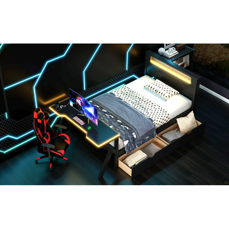Lit plateforme simple en bois avec tête de lit à DEL, bureau à DEL, USB et deux tiroirs de rangement