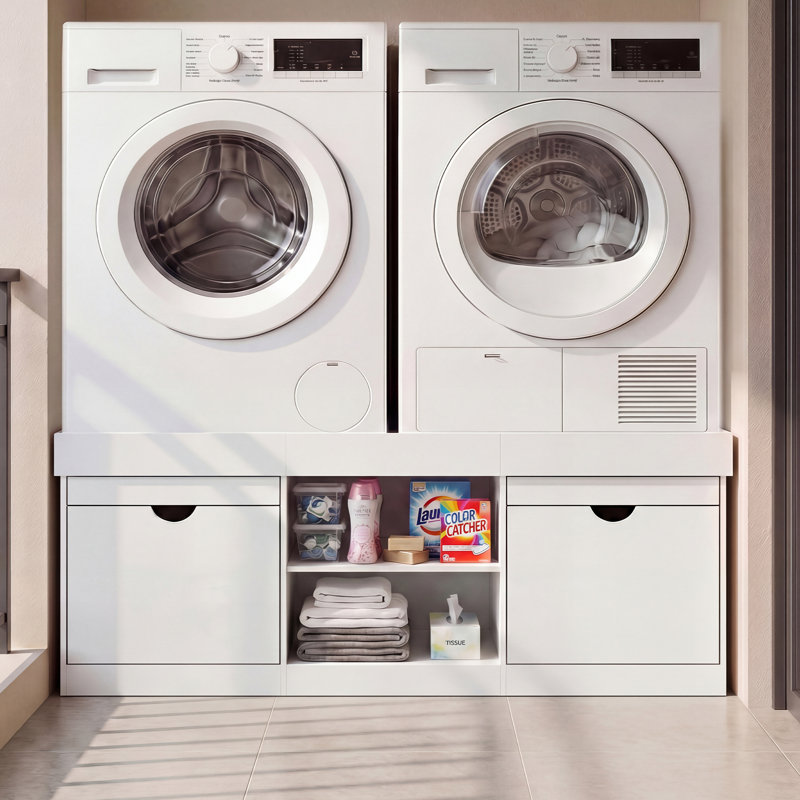 Caisson de lavage universel pour laveuse-sécheuse (pour 2 machines) avec tiroir et tablette ouverte, Blanc
