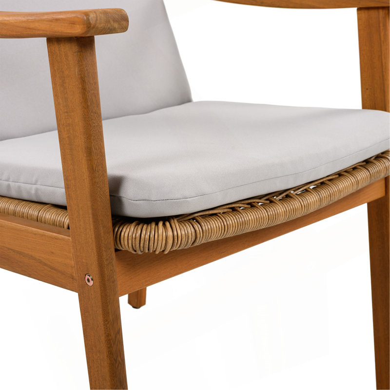 Ensemble de 2 chaises de salle à manger d'extérieur, structure en bois d'acacia couleur teck, osier PE brun, coussin imperméable, idéal pour les patios et les jardins