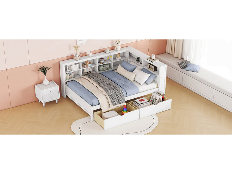 Lit de jour en bois double avec 2 tiroirs, lit de jour avec tablette de rangement et ports de chargement USB, blanc