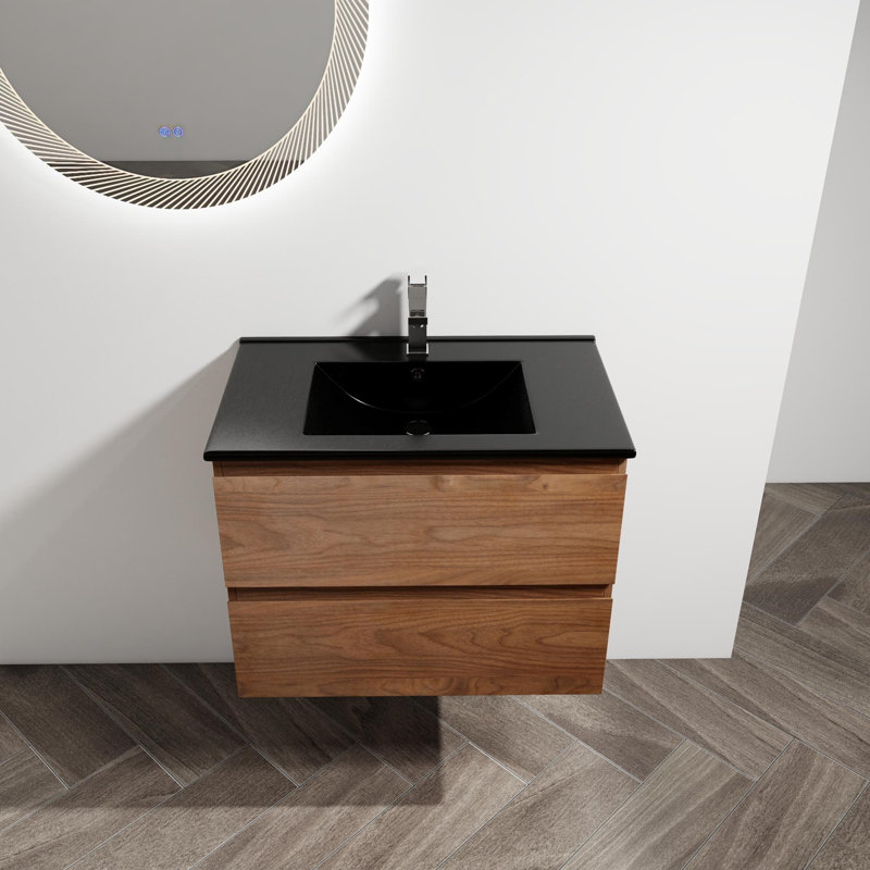 Alyshea 30'' Single Bathroom Vanity with Ceramic Top, Brown Oak