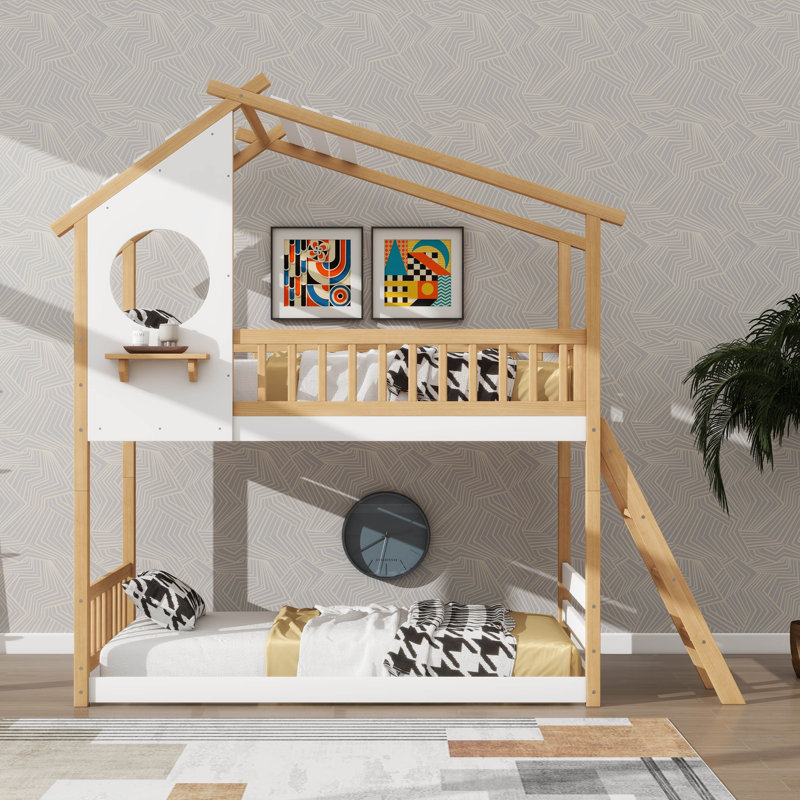 Wooden Twin-Over-Twin Bunk Bed With Roof, Window, Ladder, And Safety Rails