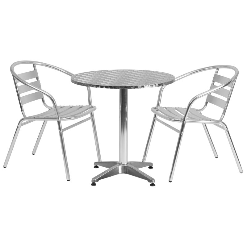 Moraal Round Aluminum Indoor-Outdoor Table Set with 2 Slat Back Chairs, 27.25" H x 27.5" W x 27.5" D, Silver