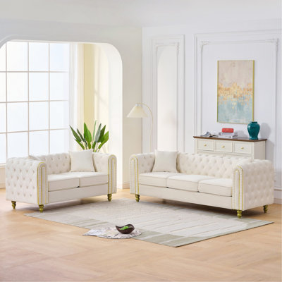 3 Seater +2 Seater Modern Loveseat Sofa,3+2 Seater Couch Comfy Velvet Sofa Button Tufted Rolled Arms and Gold Legs,Chesterfield for Primary Living Space,Beige