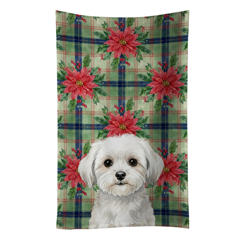 Maltese Christmas PoinsettIas Kitchen Towel, White Maltese