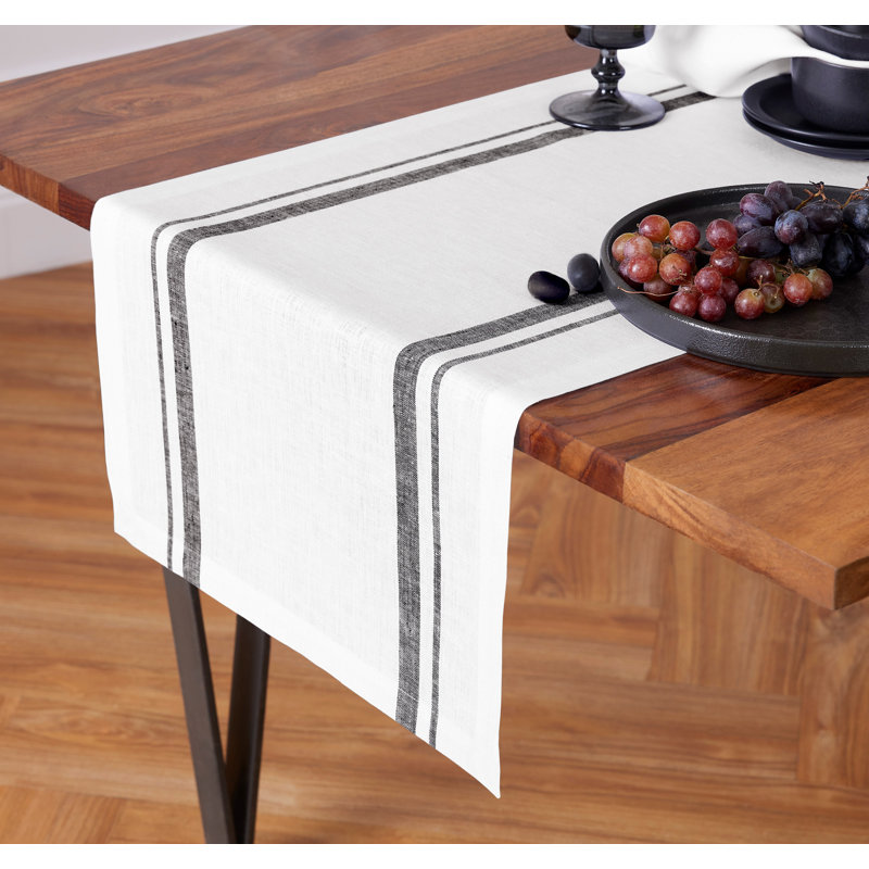 Black and Natural Linen French Stripe Table Runner 14 x 72 Inch