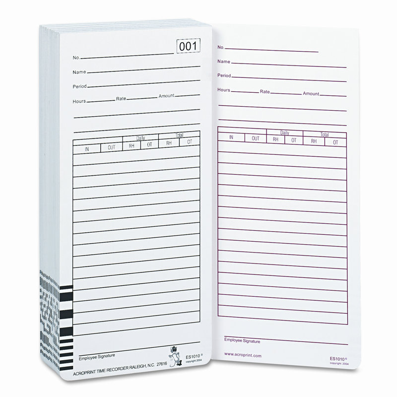 Time Card for Es1000 Electronic Totalizing Payroll Recorder
