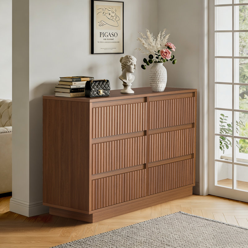 Dejesus 47.2" W 6-Drawer Double Dresser with Waveform Fluted Panels, Walnut