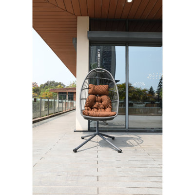 Brown Cushion Egg Chair With Stand, Outdoor Wicker Hanging Swing Chair With Cup Holder, Removable Guardrail And Cushions, Suitable For Balcony, Indoor And Outdoor Universal Leisure