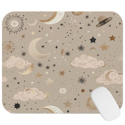 Astronomy and Space Moon and Clouds Beige Brown Bohemian Gaming Cute Office Laptop Desk Pad Gift Mat Square Rectangle Non-Slip Mousepad