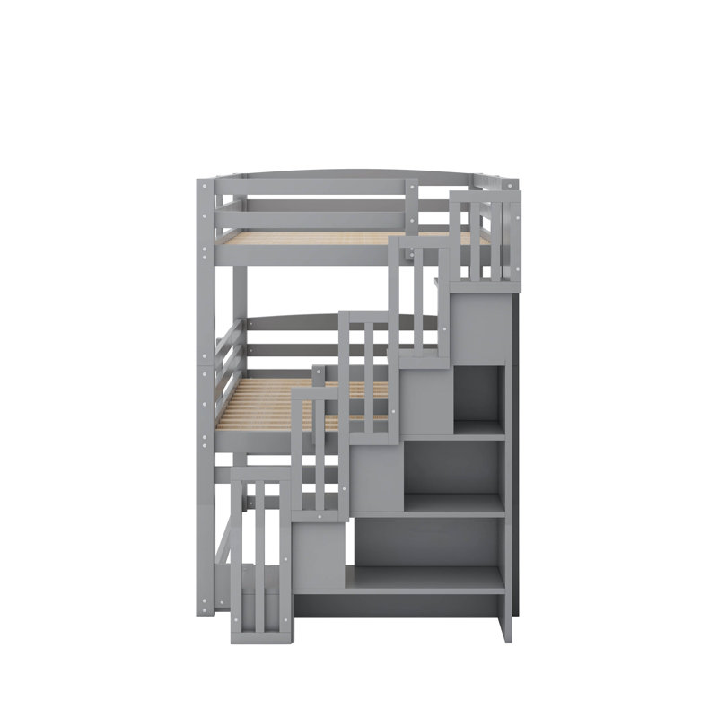 Lit superposé triple double avec escalier de rangement, Gris