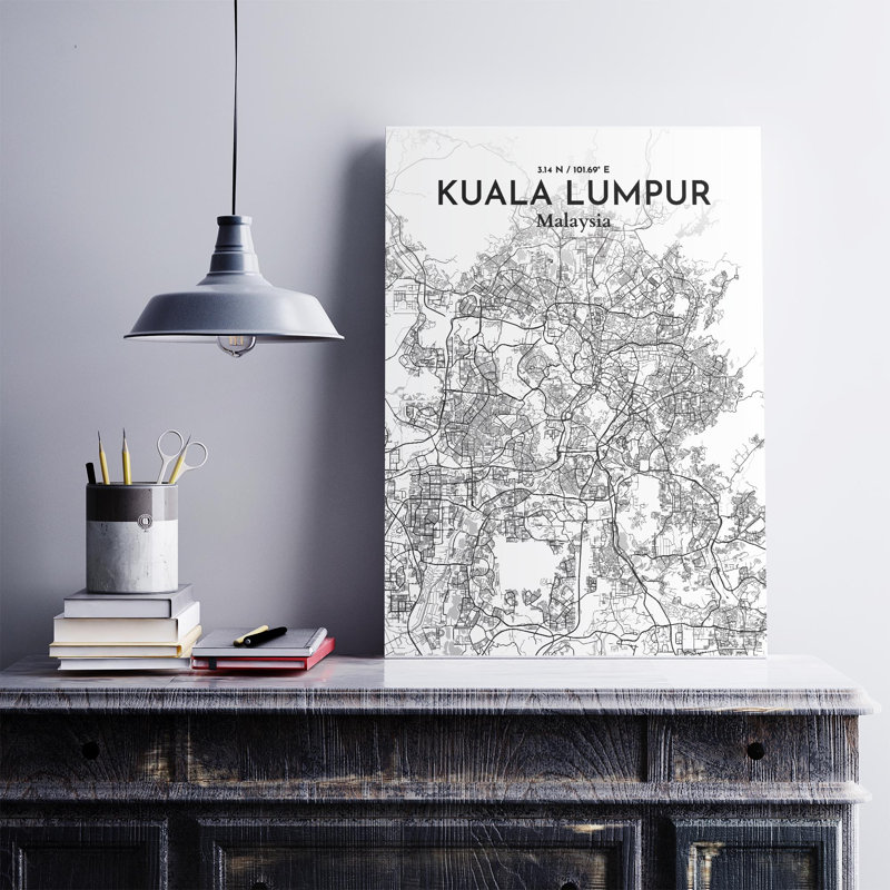 «Kuala Lumpur City Map», impression de luxe, Gris / blanc, H 27,6 po x l 19,7 po