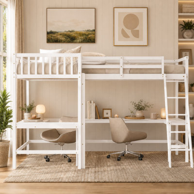 Twin L-Shaped Loft Bed with 2 Built-In Desks, Solid Wood Frame, Dual Twin Beds, Study & Storage Space — Space-Saving Modern Design