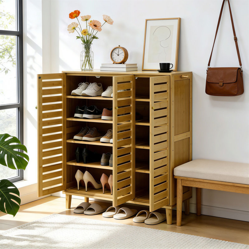 Bamboo Shoe Rack Cabinet Freestanding Shoe Organizer With 5-Tier Shelves And Ventilated Slatted Doors