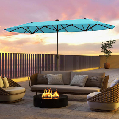 13FT Double-sided Patio Umbrella with Solar Lights Crank Handle Umbrella Base Turquoise