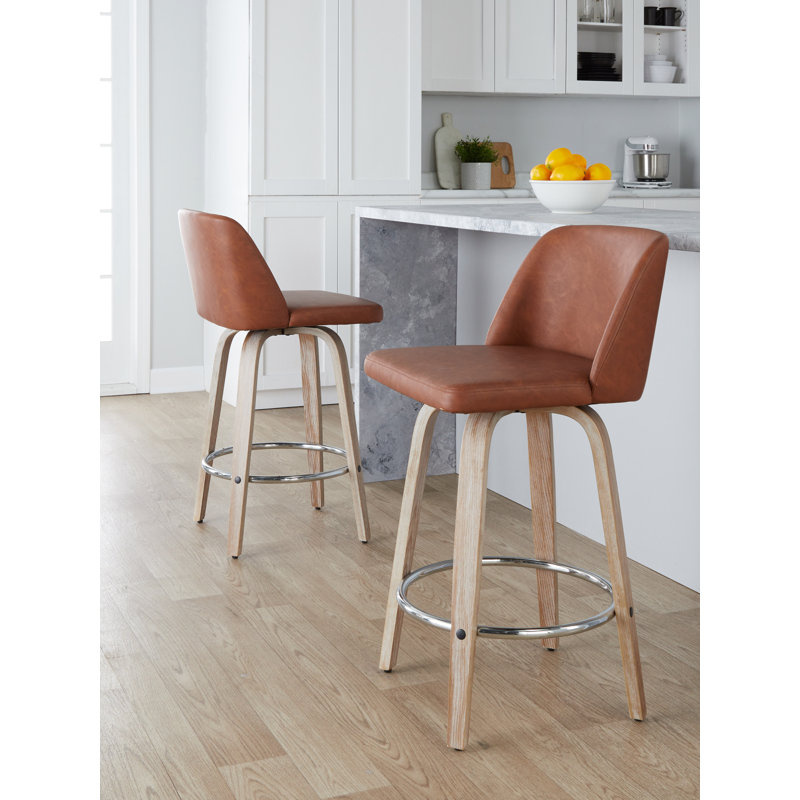 Thea 26" Fixed-Height Counter Stools with Bent Wood Legs & Round Footrest, Gray, Walnut/Chrome