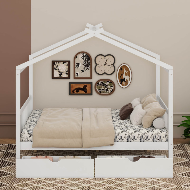 Lit plateforme double pleine grandeur avec 2 tiroirs, tête et pied de lit, toit, Blanc