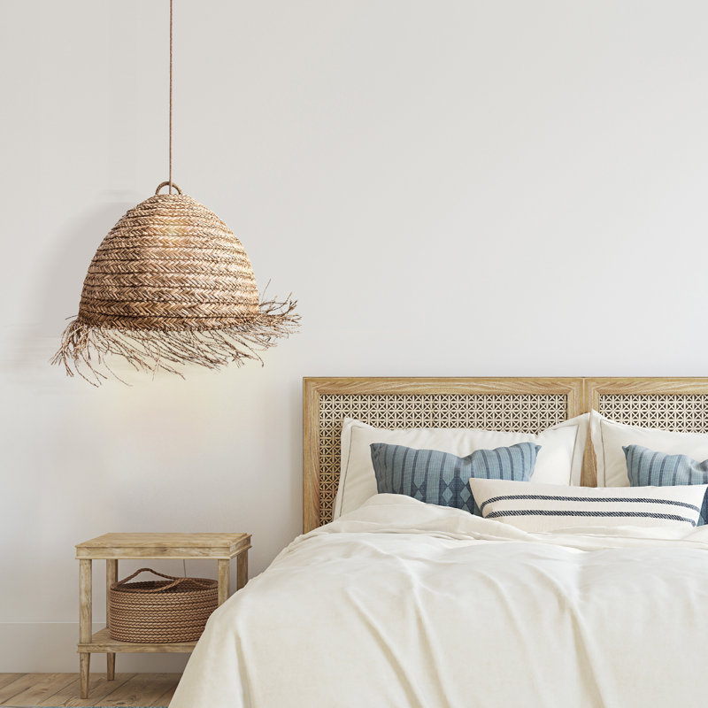 Aneil 1 - Light Natural Lampshade Pendant – 14" & 22'' Dome Plug-In or Hardwired Woven Light with Fringe Edge for Entryway or Bedroom in Boho Coastal Style