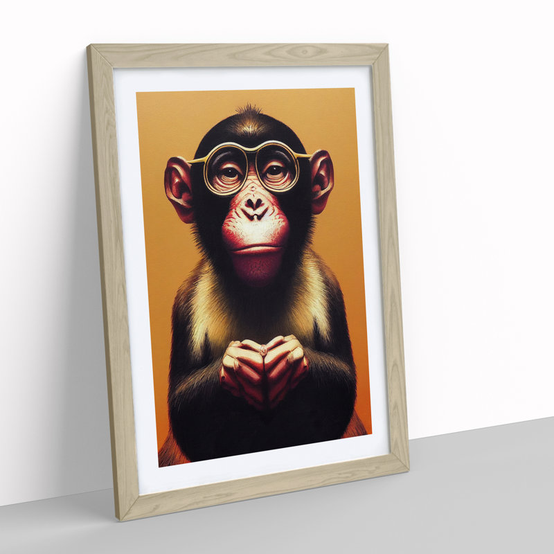 Monkey In Glasses No.2 - Framed Print, 64cm H x 46cm W, Beige