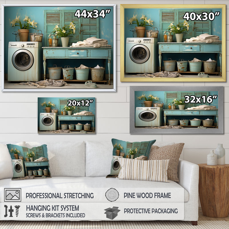 Turquoise Vintage Laundry Room I, reproduction d'art sur toile, H 24 po x l 32 po x P 1 po, Cadre photo blanc