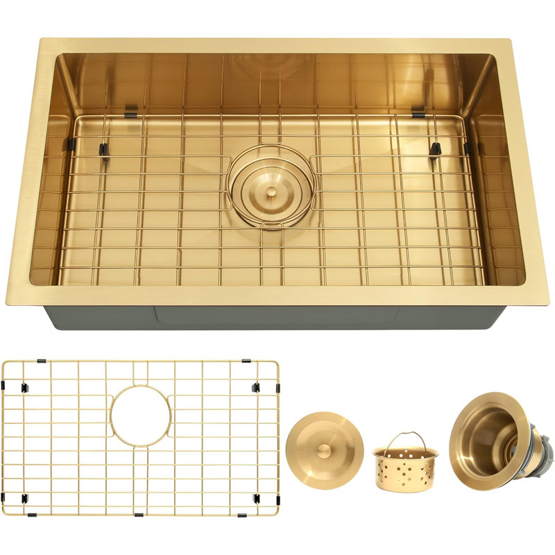 32'' L Undermount Kitchen Sink Drop In Black Single Bowl Deep Stainless Steel Sink with Grid, Gold