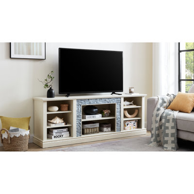 Meuble télé moderne blanc avec fausses pierres empilées, pouvant accueillir une console en pierre de 75 po, blanc, téléviseur et grand rangement