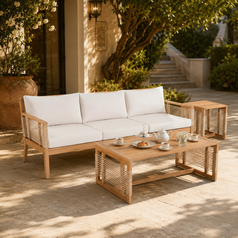 Ensemble de conversation de patio en teck avec canapé 3 places, coussins, table et table d'appoint