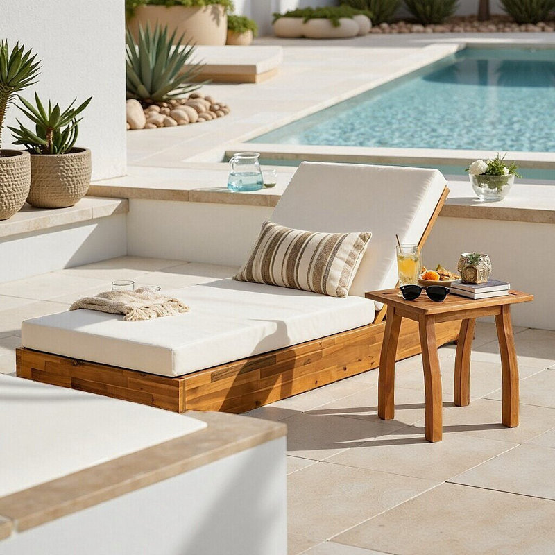 Acacia Wood Chaise Lounge with Water-Repellent Cushion, 79.6" Outdoor Recliner, Adjustable Backrest, Solid Teak-Finished Frame, 300 lb Weight Capacity for Patio, Poolside & Garden