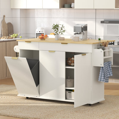 51" Rolling Kitchen Island Cart With Drop Leaf, Mobile Kitchen Island On Wheels With Trash Can Storage, Cabinets, Drawers And Spice Rack, Portable Kit