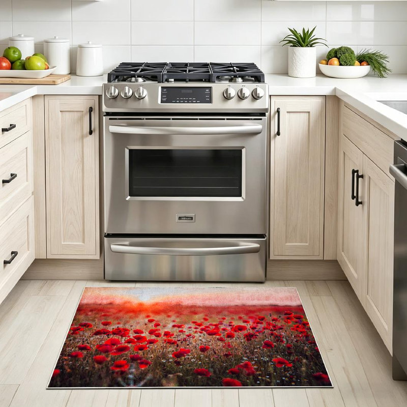 Tapis rouge lavable à la machine à motif de coquelicots rouges du printemps