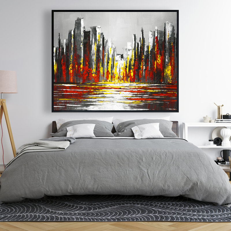 Abstract Red Skyline - Gray Framed Canvas Home Decor Art