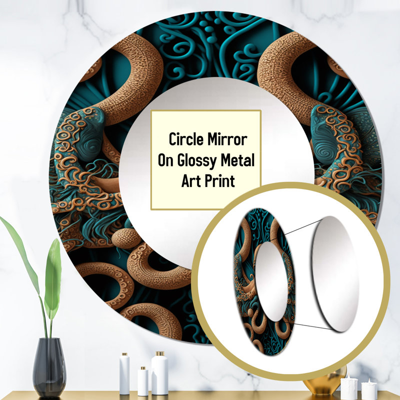 Majestic Otherworldly Octopus - Octopus Decorative Wall Mirror, Brown Large Round Mirror, Printed Metal Art, 23" x 23"