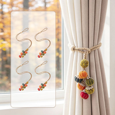 Pumpkin Decor Curtain Tiebacks, Jute Rope Wooden Bead Curtain Holdbacks, Rustic Farmhouse Style for Living Room Bedroom, Multiple Quantities Available