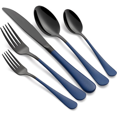 20-Piece Black Silverware Set 18/0 Stainless Steel Flatware Sapphire Blue Handle Cutlery Set Service For 4 Dinner Knives Forks Spoons Set Mirror Finish Dishwasher Safe