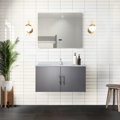 36 po Meuble-lavabo bleu marine avec comptoir en marbre et miroir à DEL - fermeture en douceur, résistant aux rayures, amplement résistant au rangement, compartiment spacieux