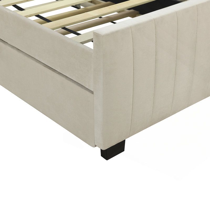 Lit plateforme tapissier simple en velours avec lit gigogne simple, beige, Beige, Simple