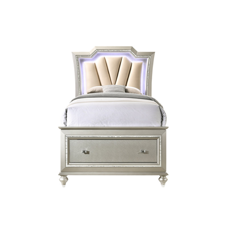 Lit double en matériau synthétique - Champagne, DEL et rangement pratique élégant avec cuir efficace