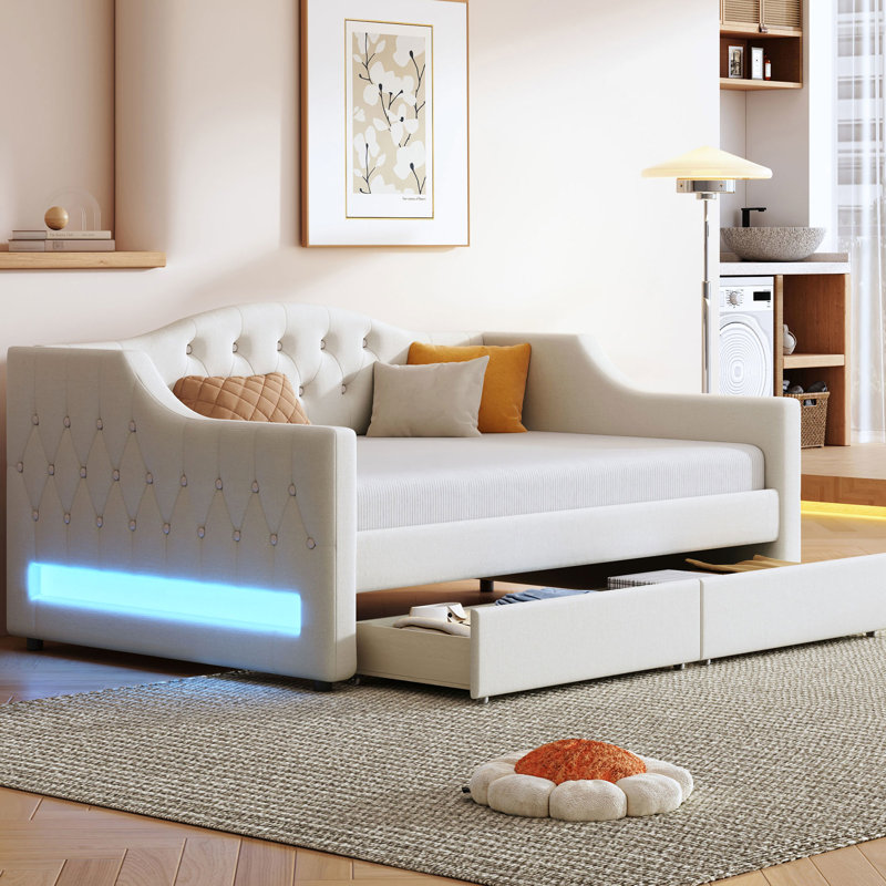 Beige Upholstered Twin Xl Daybed With Led Belt, 2 Drawers, And Frame For Rustic Home Linen Lighting, Wood Relaxing Bedroom