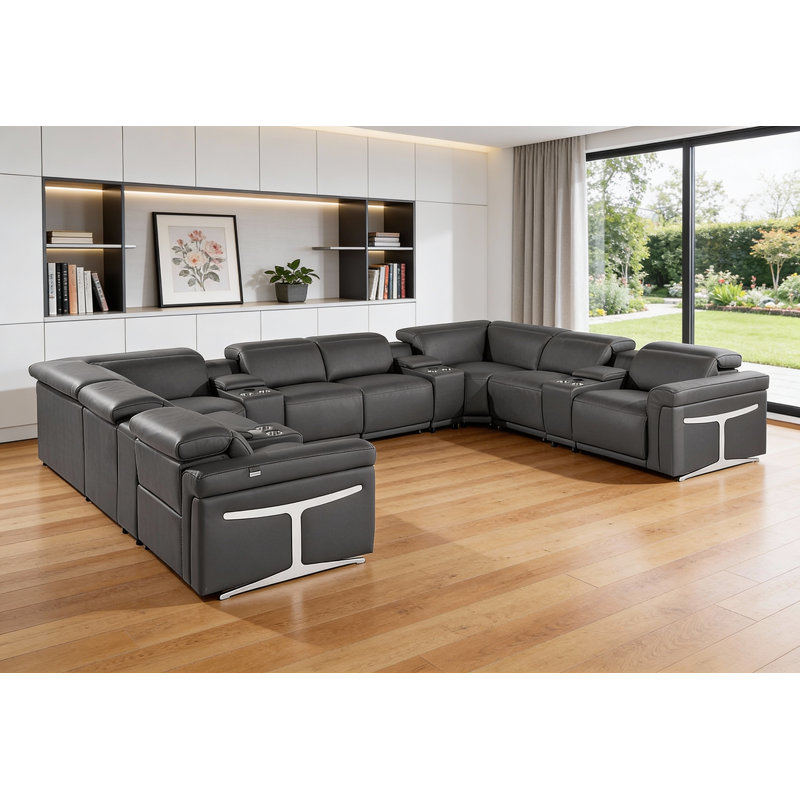 Canapé modulaire en U inclinable électrique en cuir gris foncé avec console