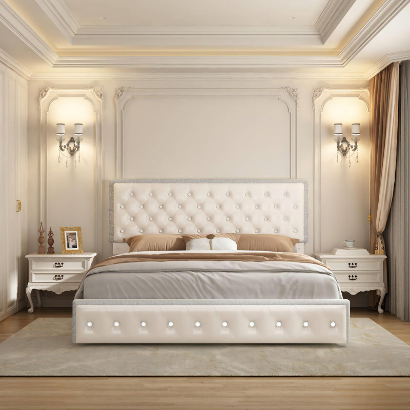 Kendrall Upholstered Platform Bed Frame with 2 Storage Drawers & LED Lighting, White, King