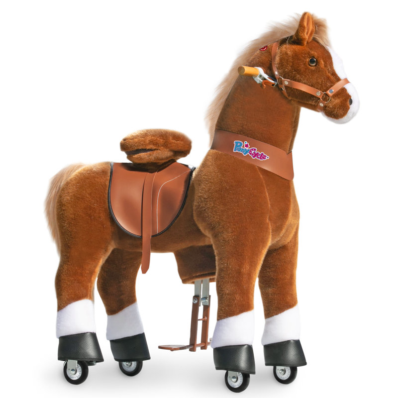 Large Brown Plush Ride-On Horse Toy with Brake for Kids