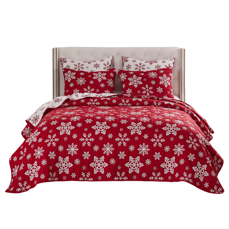 Greenland Home Fashions Snowflakes 3-Piece Queen Size Red Coverlet Set, 90x90 Inch, Snowflakes