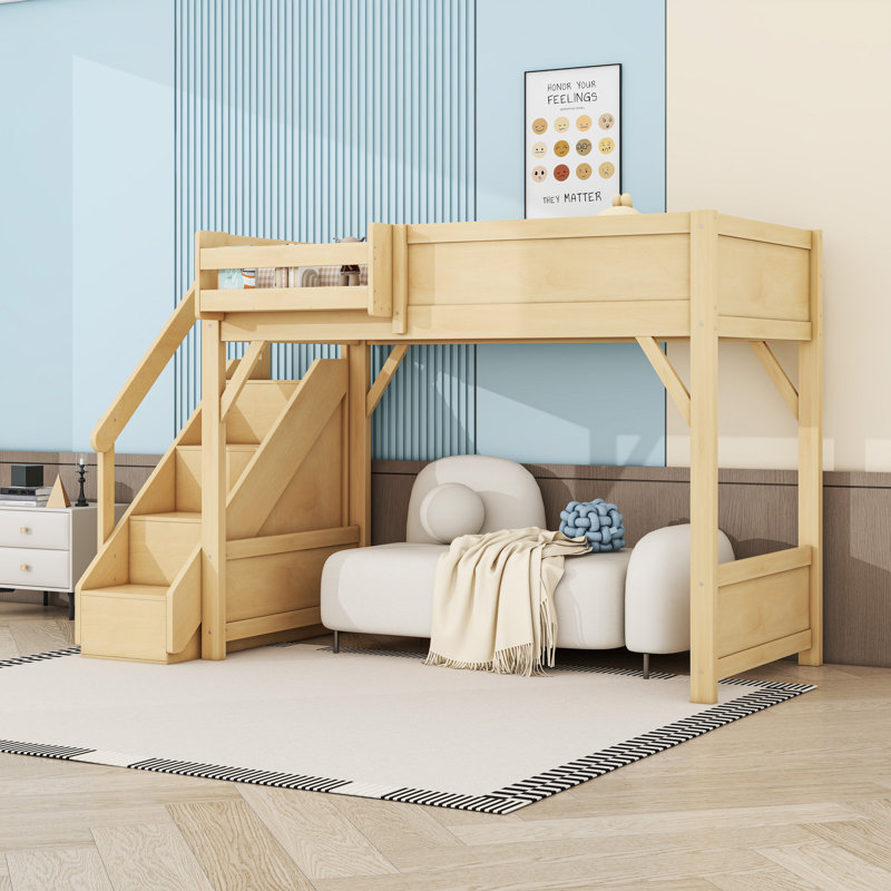 Lit mezzanine en bois peu encombrant avec garde-robe ouverte et escalier, Natural, Twin